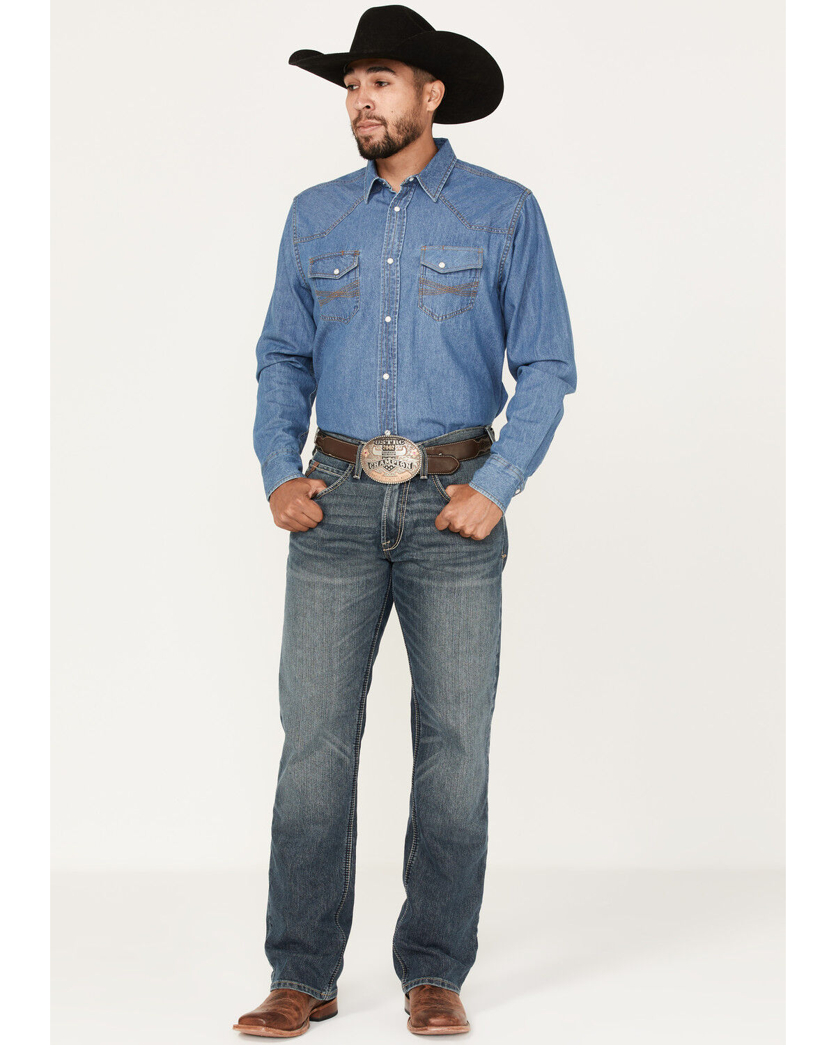 Image #1 - Ariat Men's M5 Louisville Seneca Medium Wash Stretch Straight Leg Jeans, Blue, hi-res