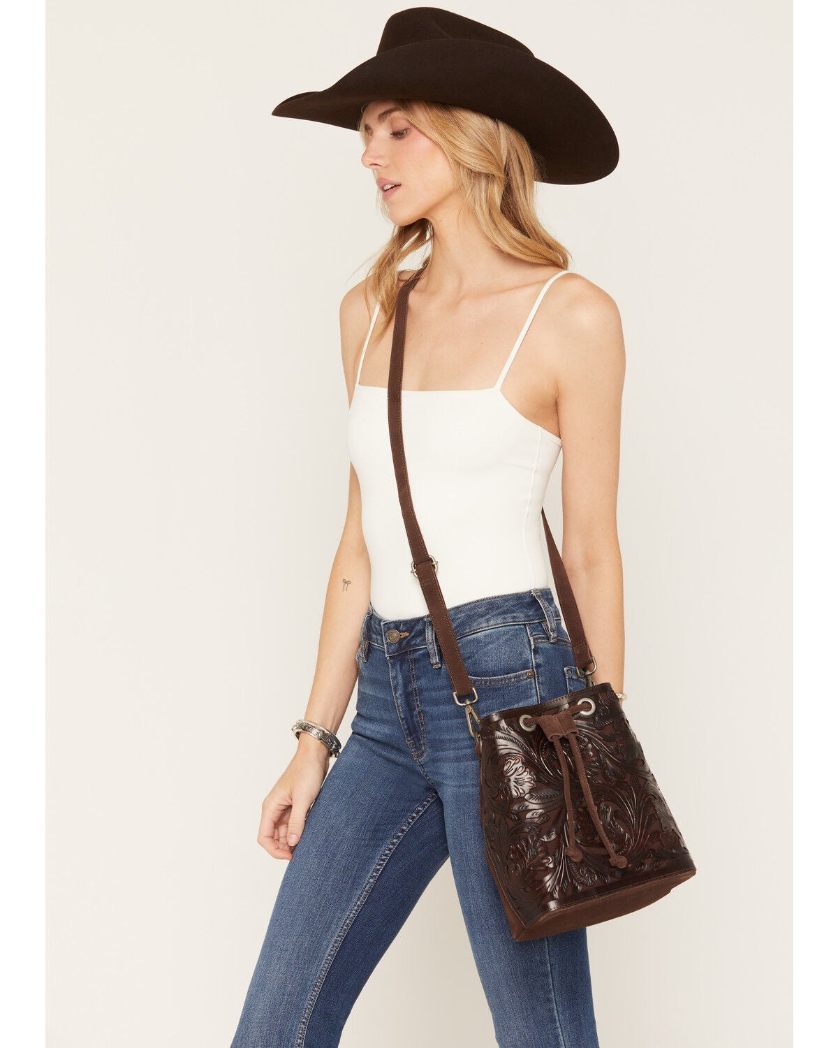 Shyanne Women's Palmer Tooled Leather Crossbody Bucket Bag, Brown, hi-res