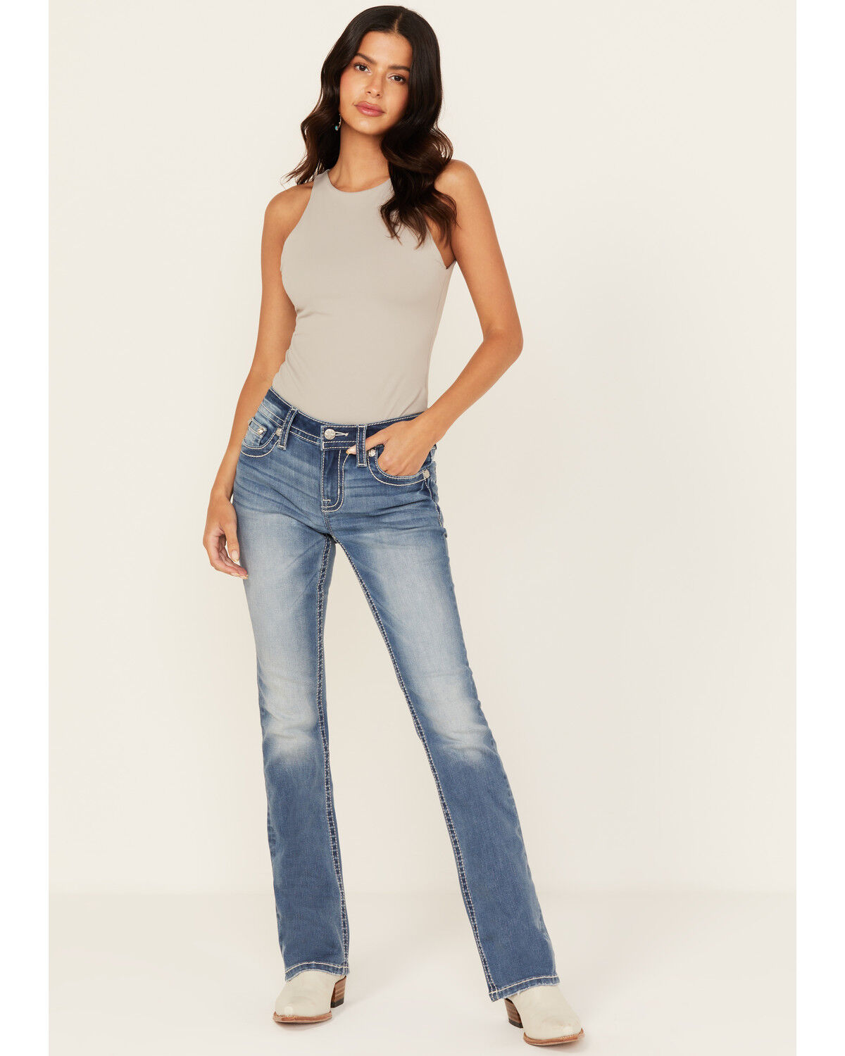 Image #3 - Miss Me Women's Dark Wash Mid Rise Dream Catcher Pocket Bootcut Stretch Denim Jeans, Dark Wash, hi-res