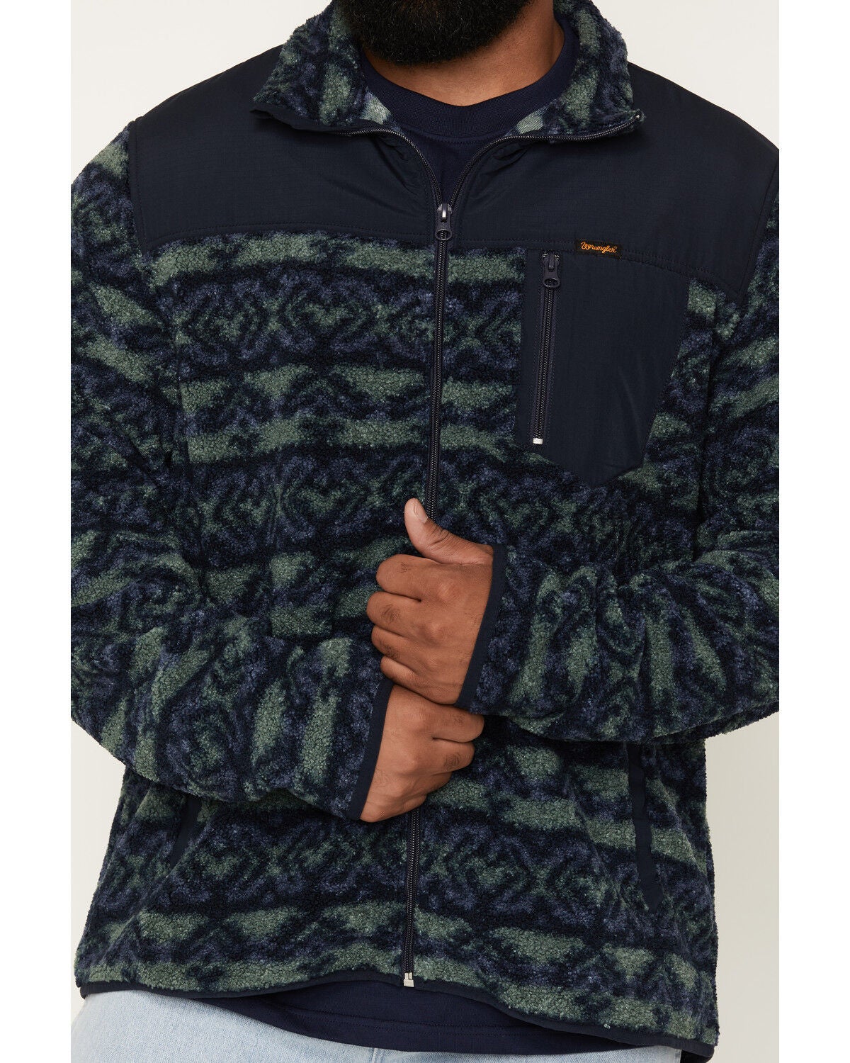 Image #3 - Wrangler Men's Southwestern Striped Print Fleece Jacket, Navy, hi-res