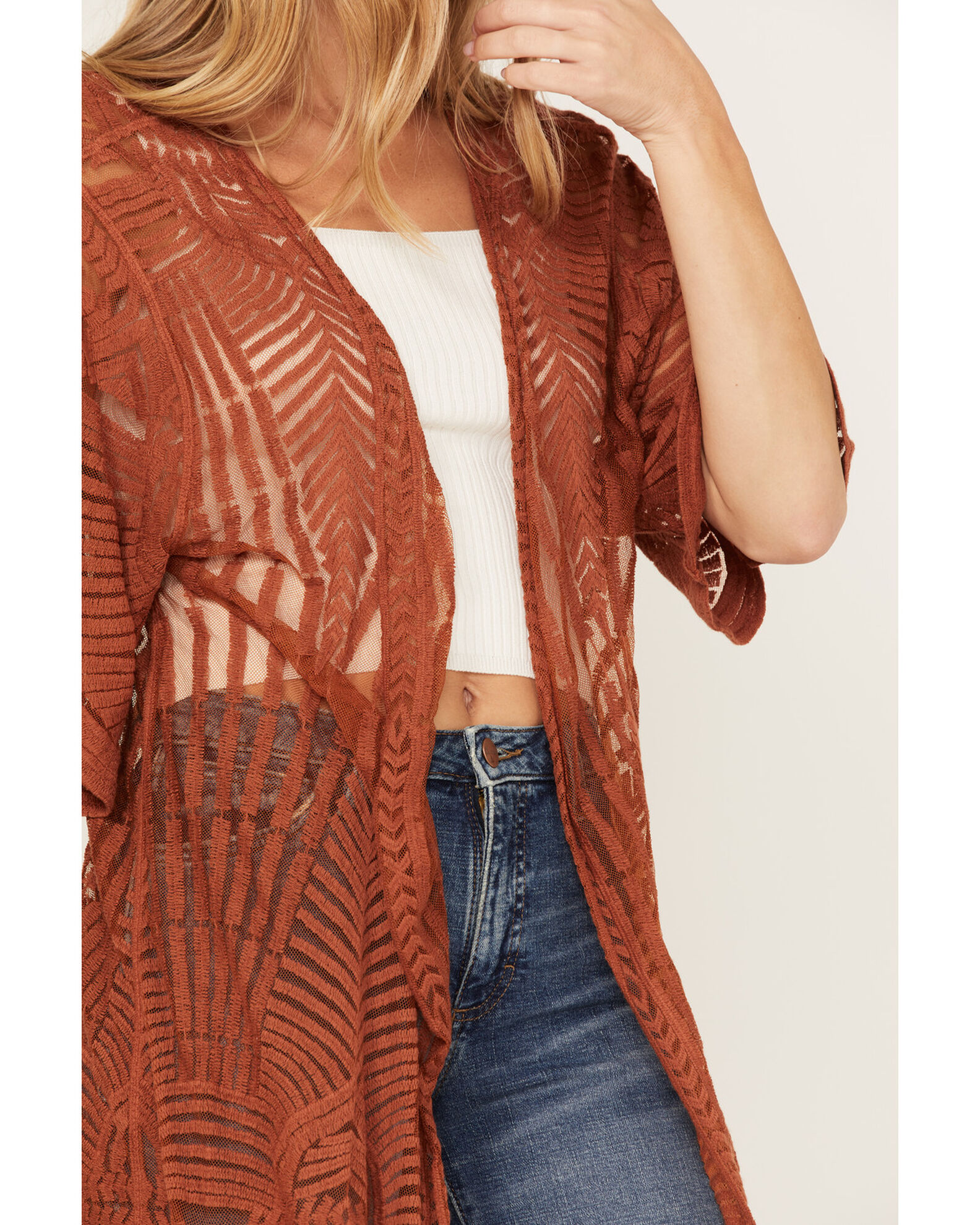 Image #3 - Shyanne Women's Geo Lace Short Sleeve Kimono, Chestnut, hi-res