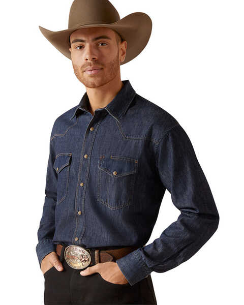 Image #2 - Ariat Men's Classic Denim Long Sleeve Snap Western Shirt - Tall , Blue, hi-res