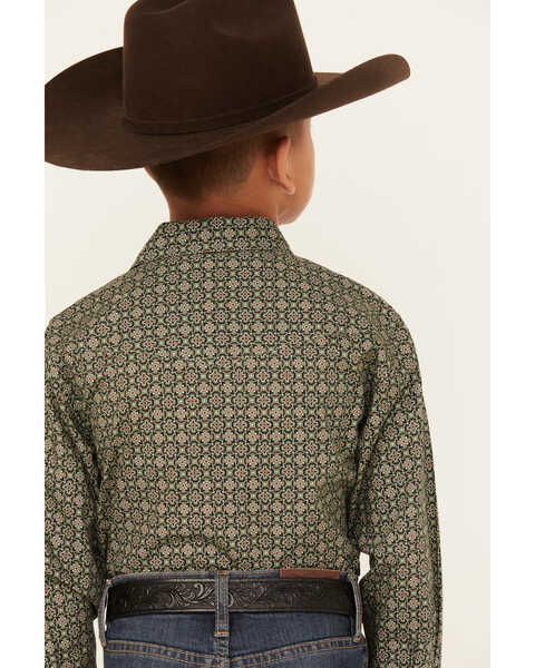 Image #4 - Roper Boys' Amarillo Ornate Geo Print Long Sleeve Snap Western Shirt, Green, hi-res