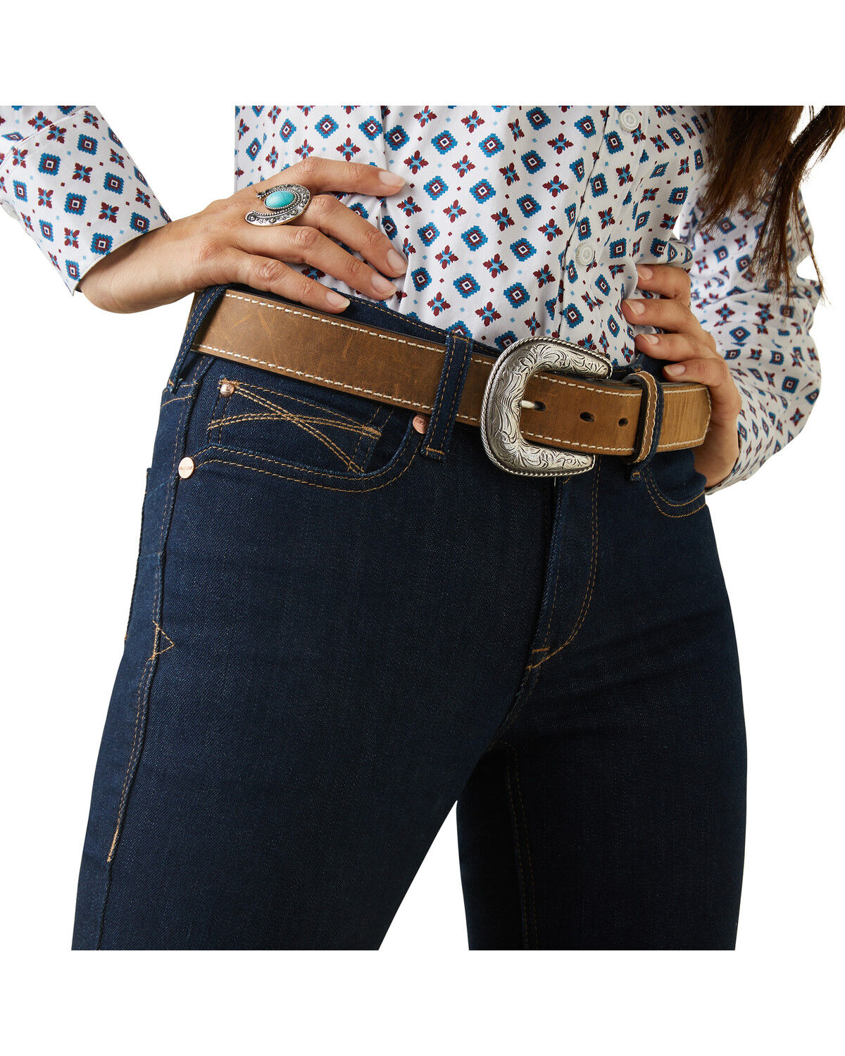 Image #2 - Ariat Women's Dark Wash Mid Rise Ella Stretch Straight Jeans, Blue, hi-res