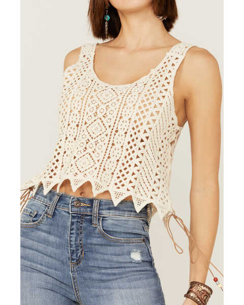 Image #2 - Saints & Hearts Women's Natural Crochet Side Feather & Beads Tank Top, Natural, hi-res