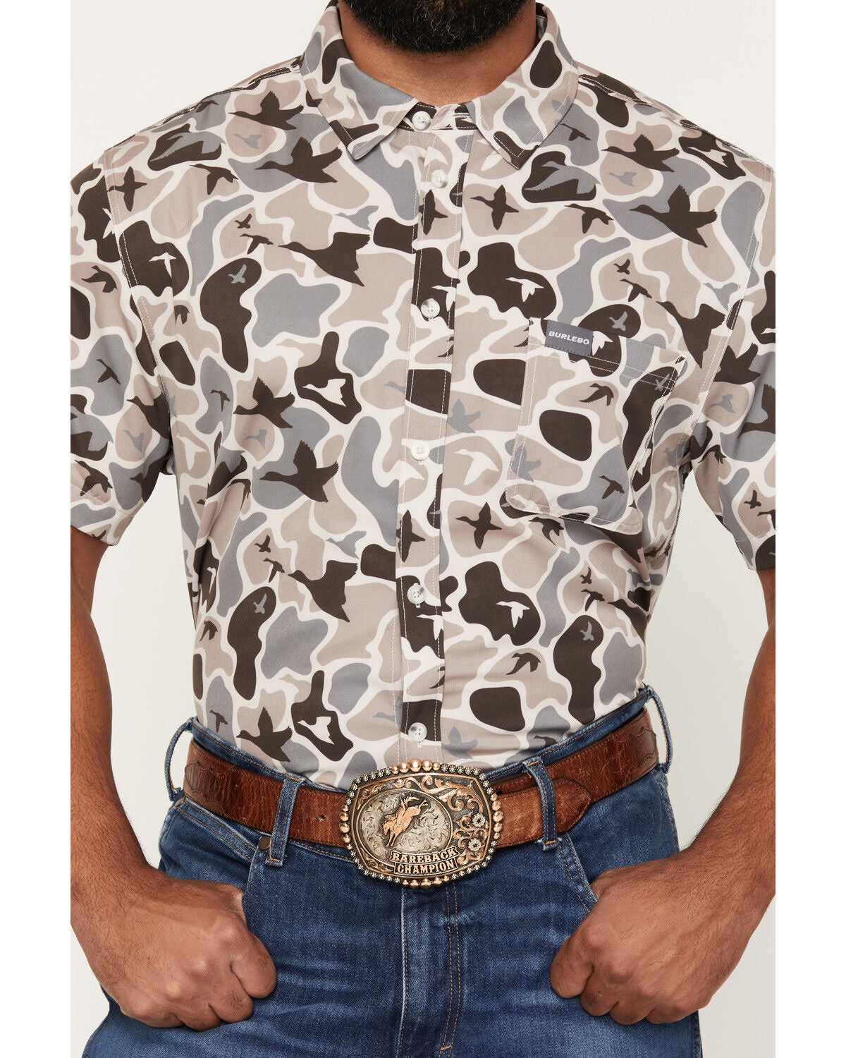 Image #3 - Burlebo Men's Mallard Camo Print Short Sleeve Button-Down Performance Western Shirt, Camouflage, hi-res