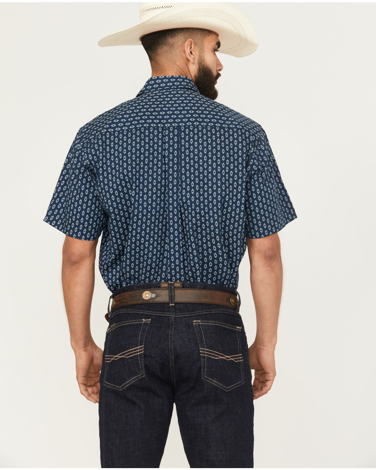 Image #4 - Roper Men's West Made Geo Print Short Sleeve Pearl Snap Western Shirt, Blue, hi-res