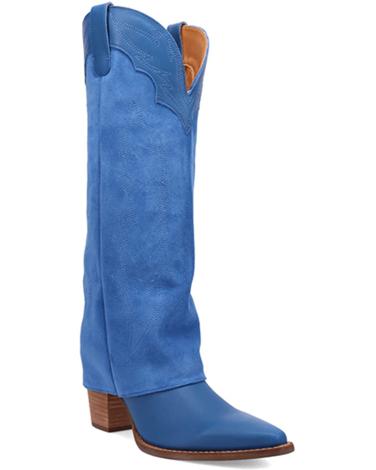 Image #1 - Dingo Women's Cuffed Wild Fire Suede Tall Western Boots - Round Toe, Blue, hi-res
