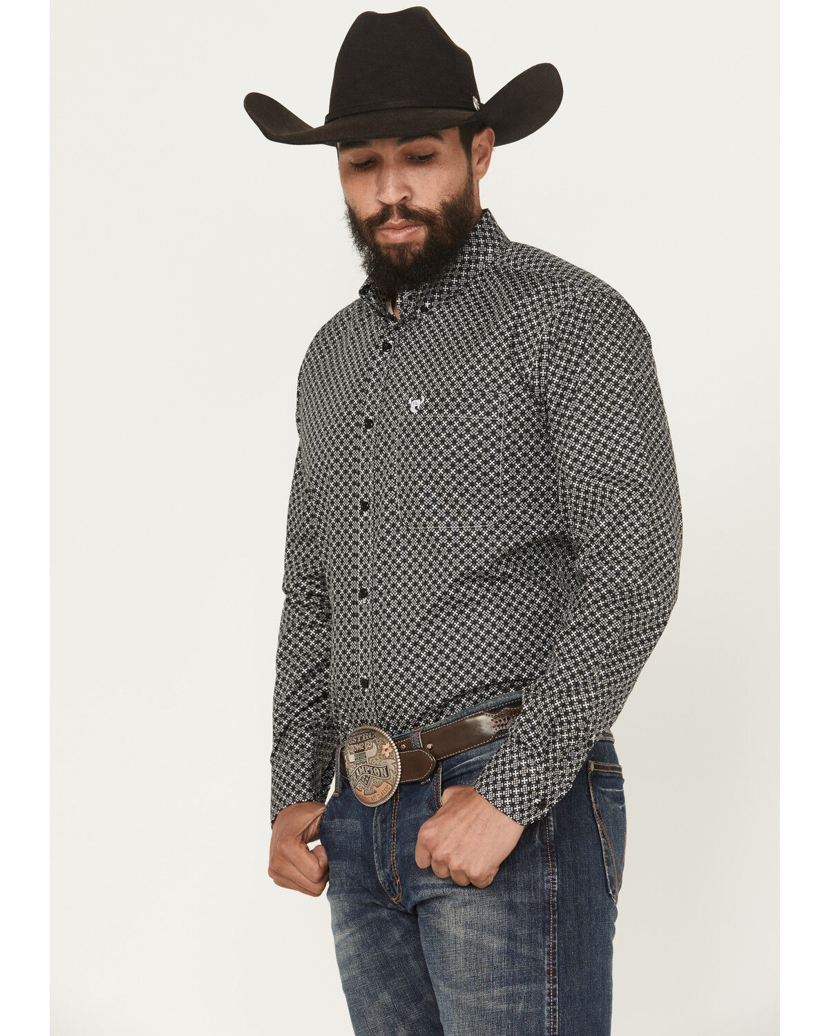 Image #2 - Cowboy Hardware Men's Geo Floral Print Long Sleeve Button-Down Western Shirt, Black, hi-res