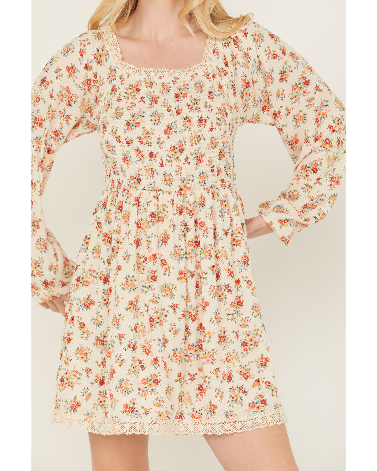Image #3 - Wild Moss Women's Floral Print Smocked Long Sleeve Mini Dress, Ivory, hi-res