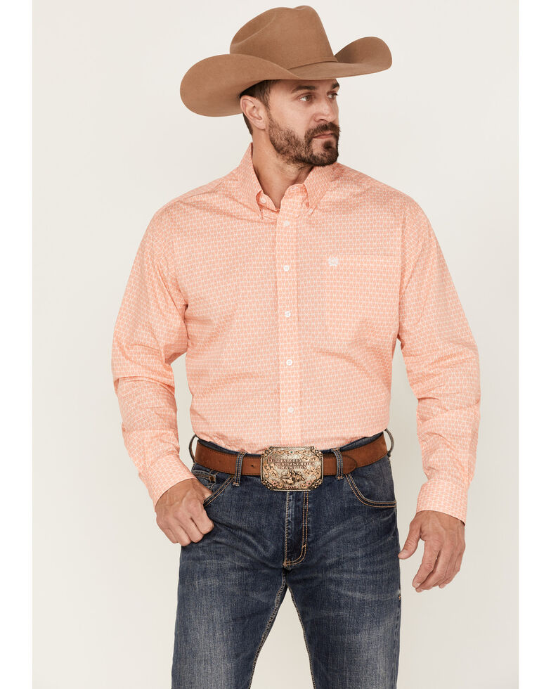 Cinch Men's Geo Print Coral Long Sleeve Button-Down Western Shirt, Coral, hi-res