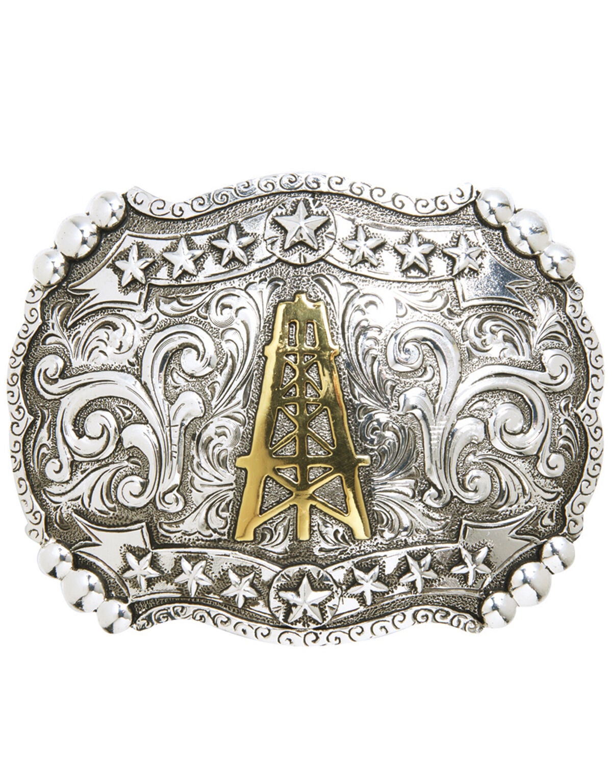 AndWest Men's Oil Derrick & Stars Belt Buckle, Two Tone, hi-res
