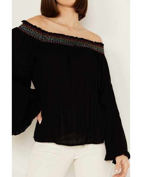 Image #3 - Panhandle Women's Embroidered Off the Shoulder Long Sleeve Top, Black, hi-res