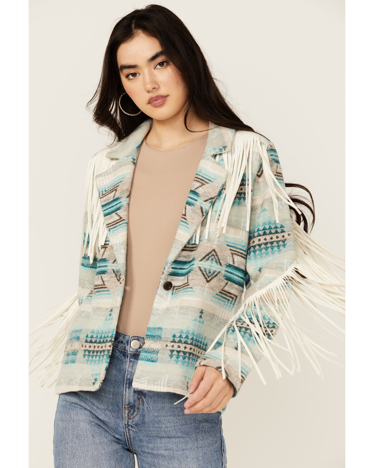 Image #1 - Rock & Roll Denim Women's Southwestern Print Fringe Jacket, Blue, hi-res
