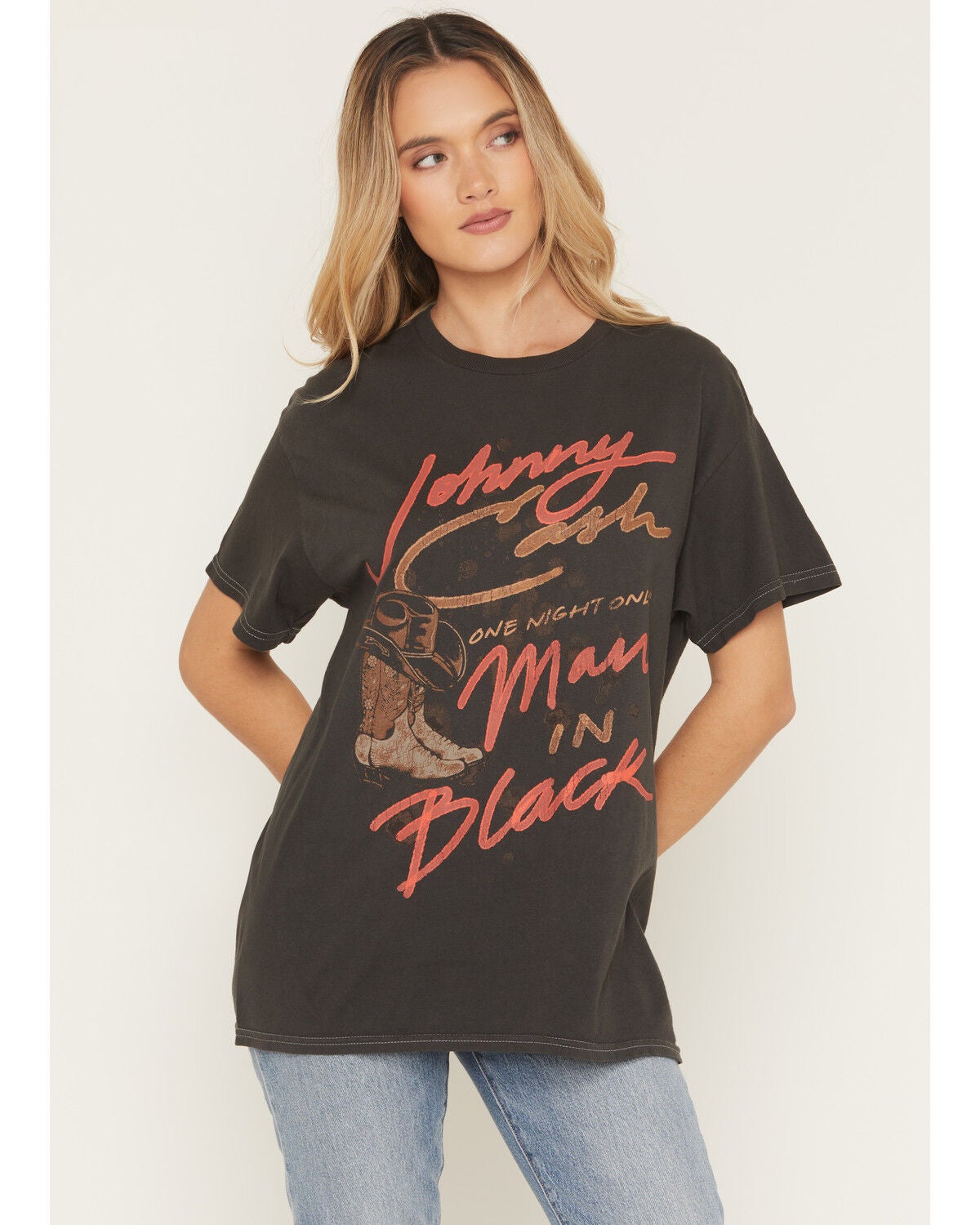 Image #1 - Merch Traffic Women's Johnny Cash Man In Black Short Sleeve Graphic Tee, Black, hi-res