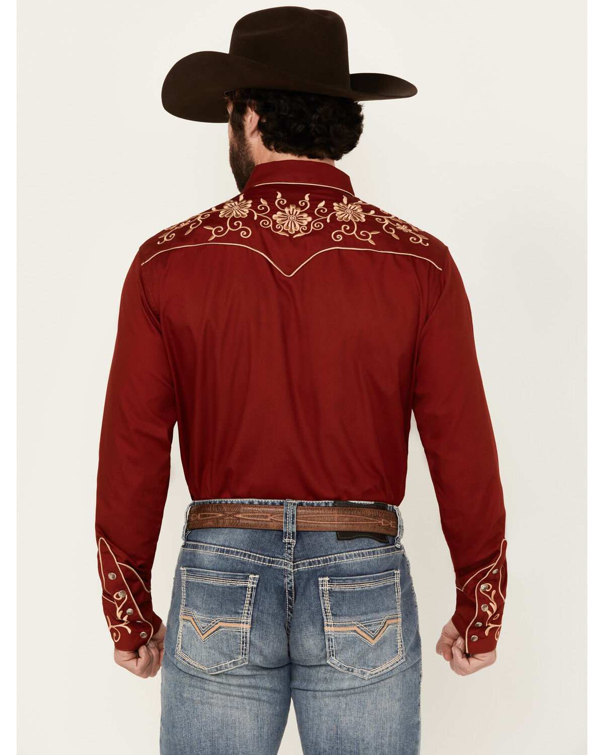 Image #4 - Wrangler Men's Rodeo Ben Embroidered Long Sleeve Snap Western Shirt, Red, hi-res