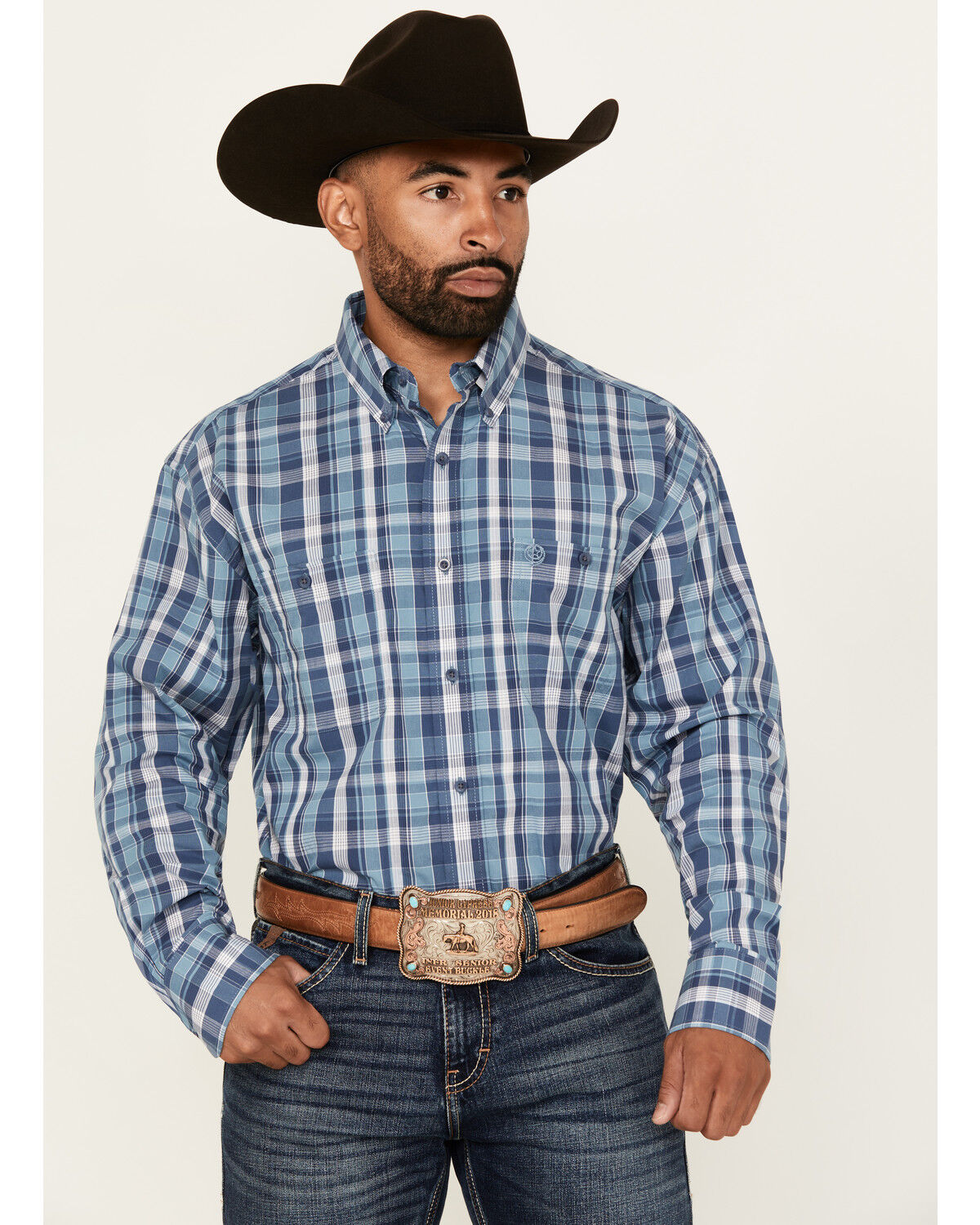 Image #1 - George Strait by Wrangler Men's Plaid Print Long Sleeve Stretch Western Shirt - Big, Navy, hi-res