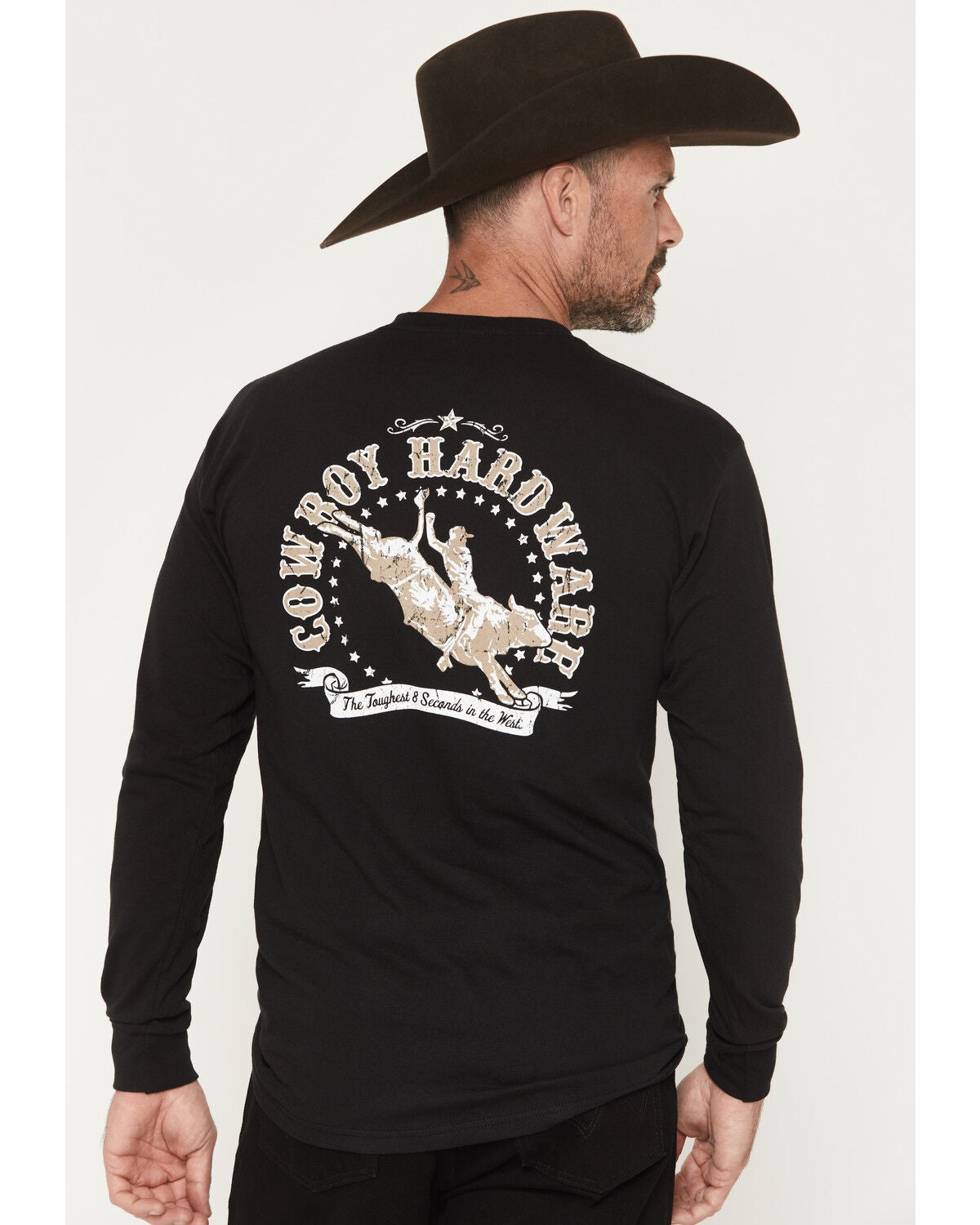 Image #1 - Cowboy Hardware Men's Toughest 8 Seconds Long Sleeve Graphic T-Shirt, Black, hi-res