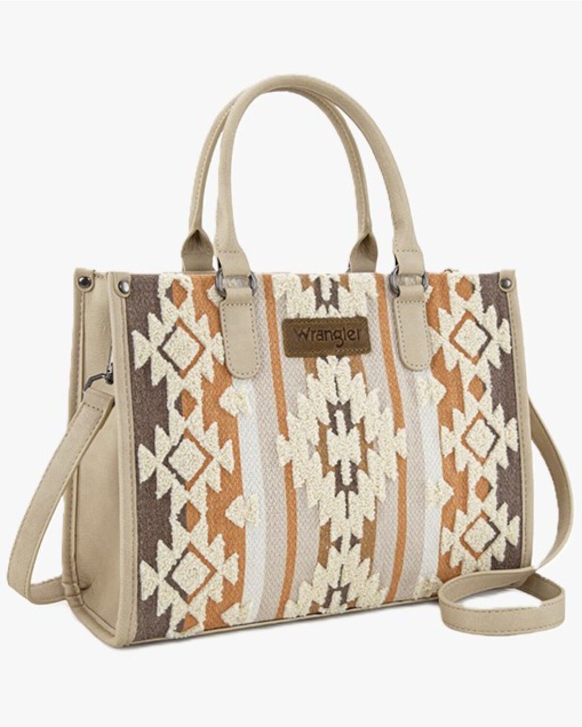 Wrangler Women's Sherpa Southwestern Print Canvas Crossbody Tote, Tan, hi-res