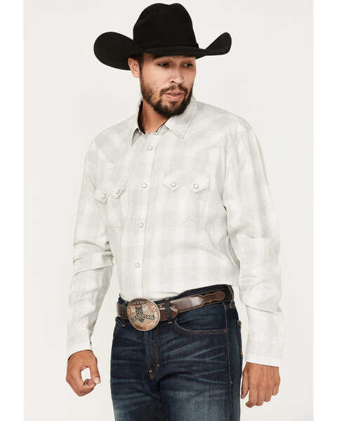 Moonshine Spirit Men's Ethonol Plaid Print Long Sleeve Snap Western Flannel Shirt , Cream, hi-res