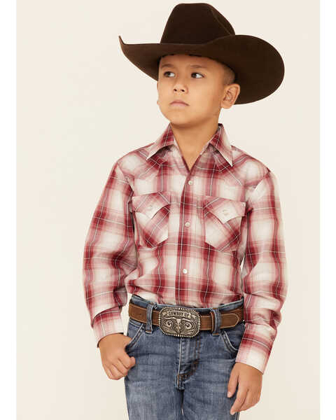 Ely Walker Boys' Rust Ombre Plaid Long Sleeve Snap Western Shirt , Beige/khaki, hi-res