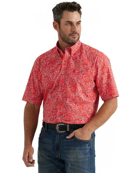 George Strait by Wrangler Men's Paisley Print Short Sleeve Button-Down Stretch Western Shirt - Big , Red, hi-res