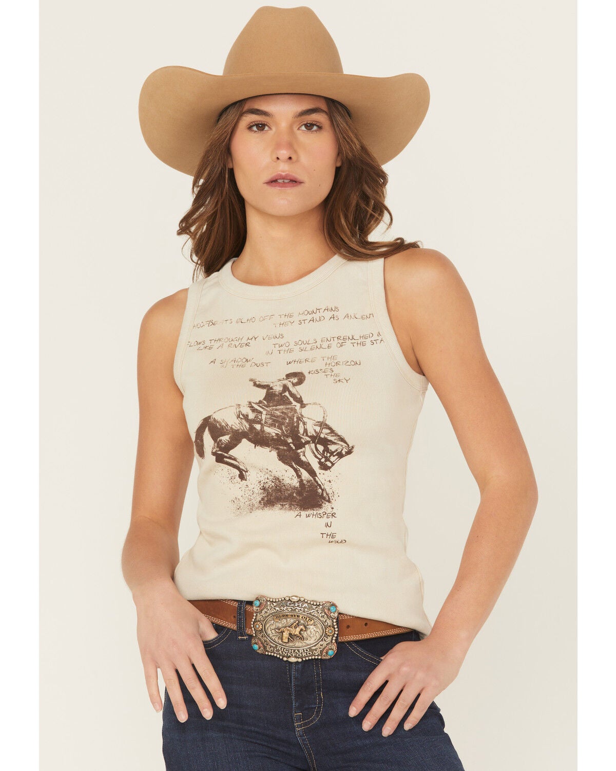 Shyanne Women's Bucking Horse Rib Knit Tank Top, Oatmeal, hi-res