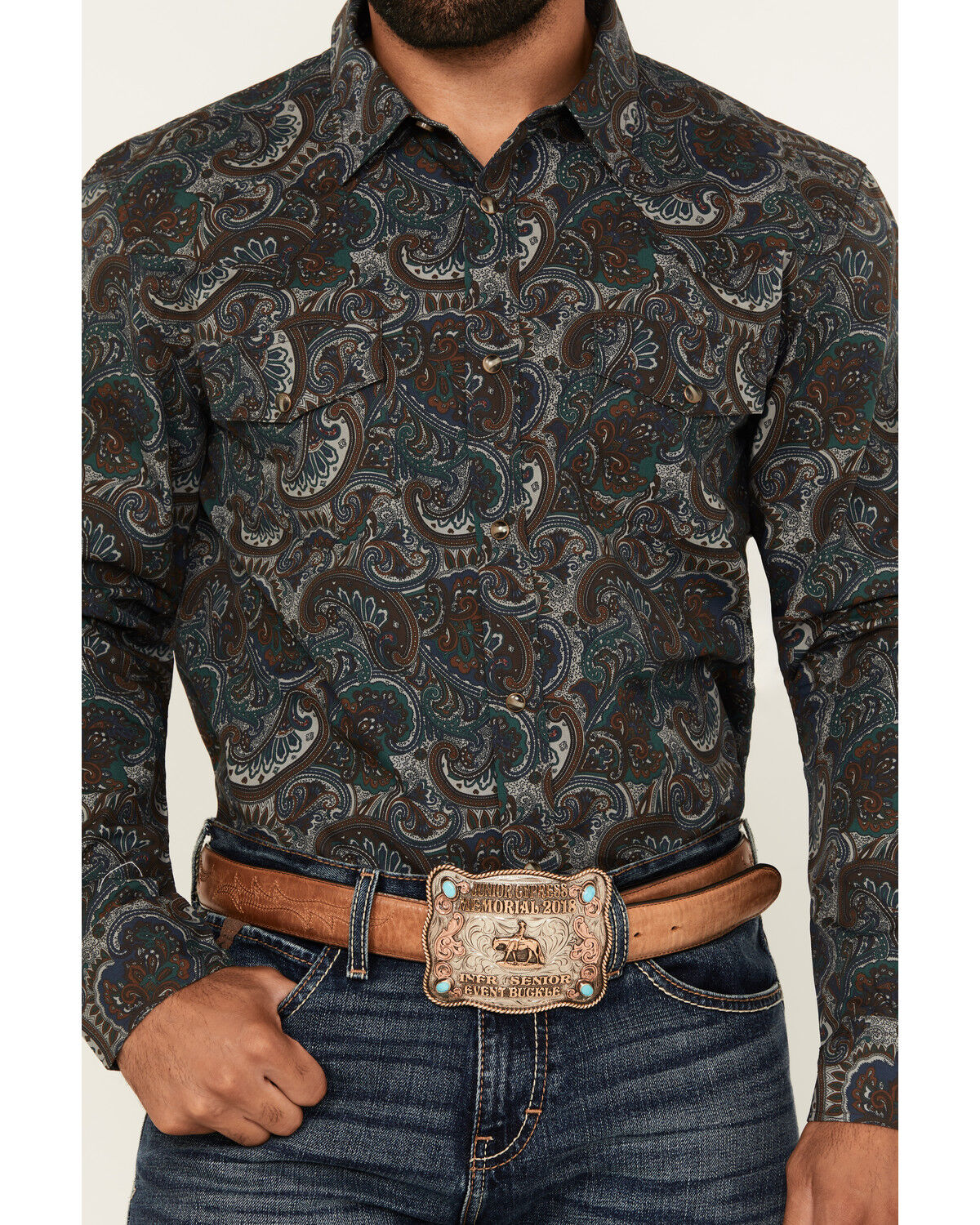 Image #3 - Gibson Trading Co Men's Crazy Paisley Print Long Sleeve Snap Western Shirt, Teal, hi-res