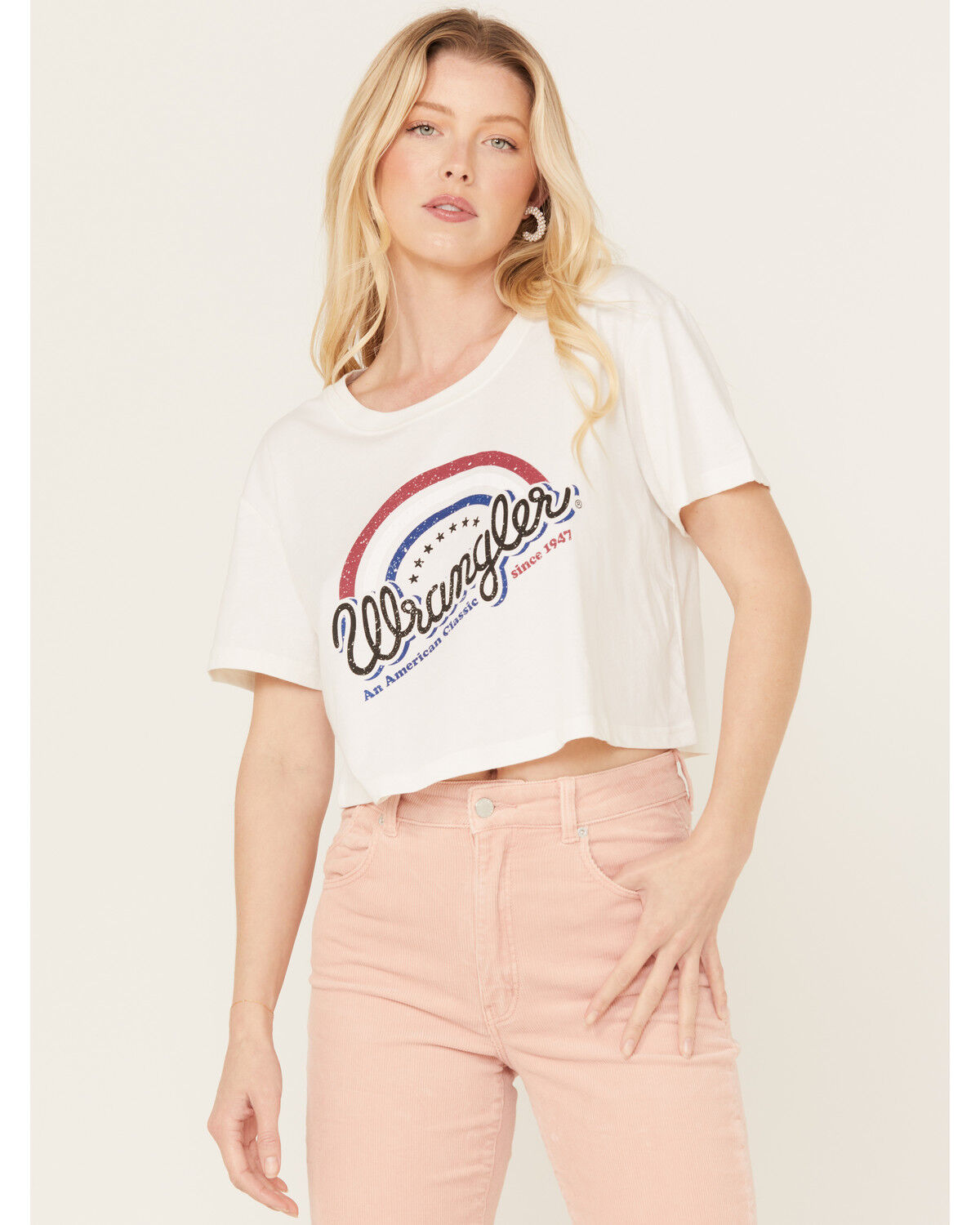 Image #1 - Wrangler Women's Cropped Short Sleeve Logo Graphic Tee, White, hi-res