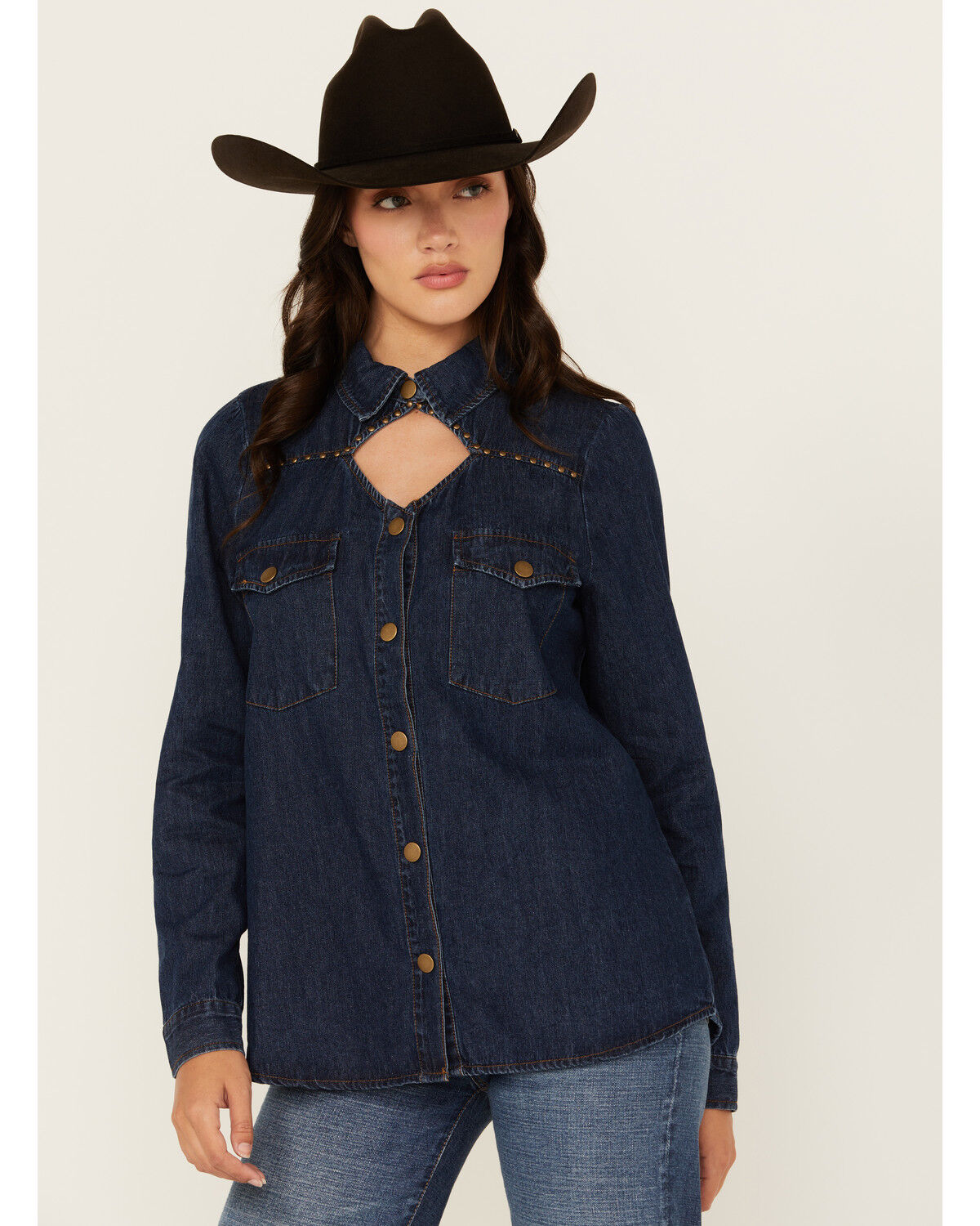 Image #1 - Blue B Women's Dark Wash Studded Keyhole Long Sleeve Snap Denim Shirt, Blue, hi-res