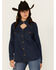 Image #1 - Blue B Women's Dark Wash Studded Keyhole Long Sleeve Snap Denim Shirt, Blue, hi-res