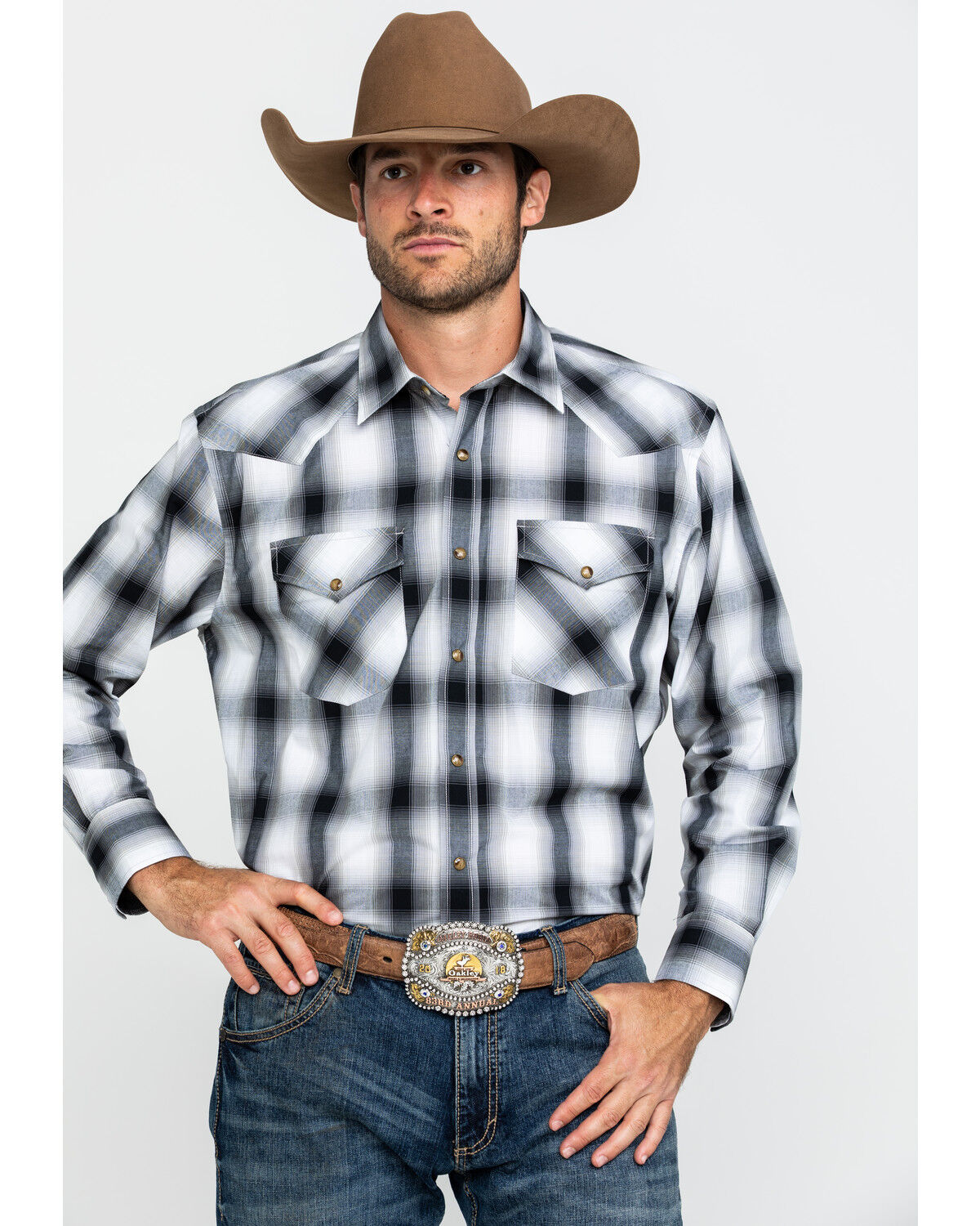 Image #1 - Pendleton Men's White Frontier Large Plaid Long Sleeve Snap Western Shirt, White, hi-res