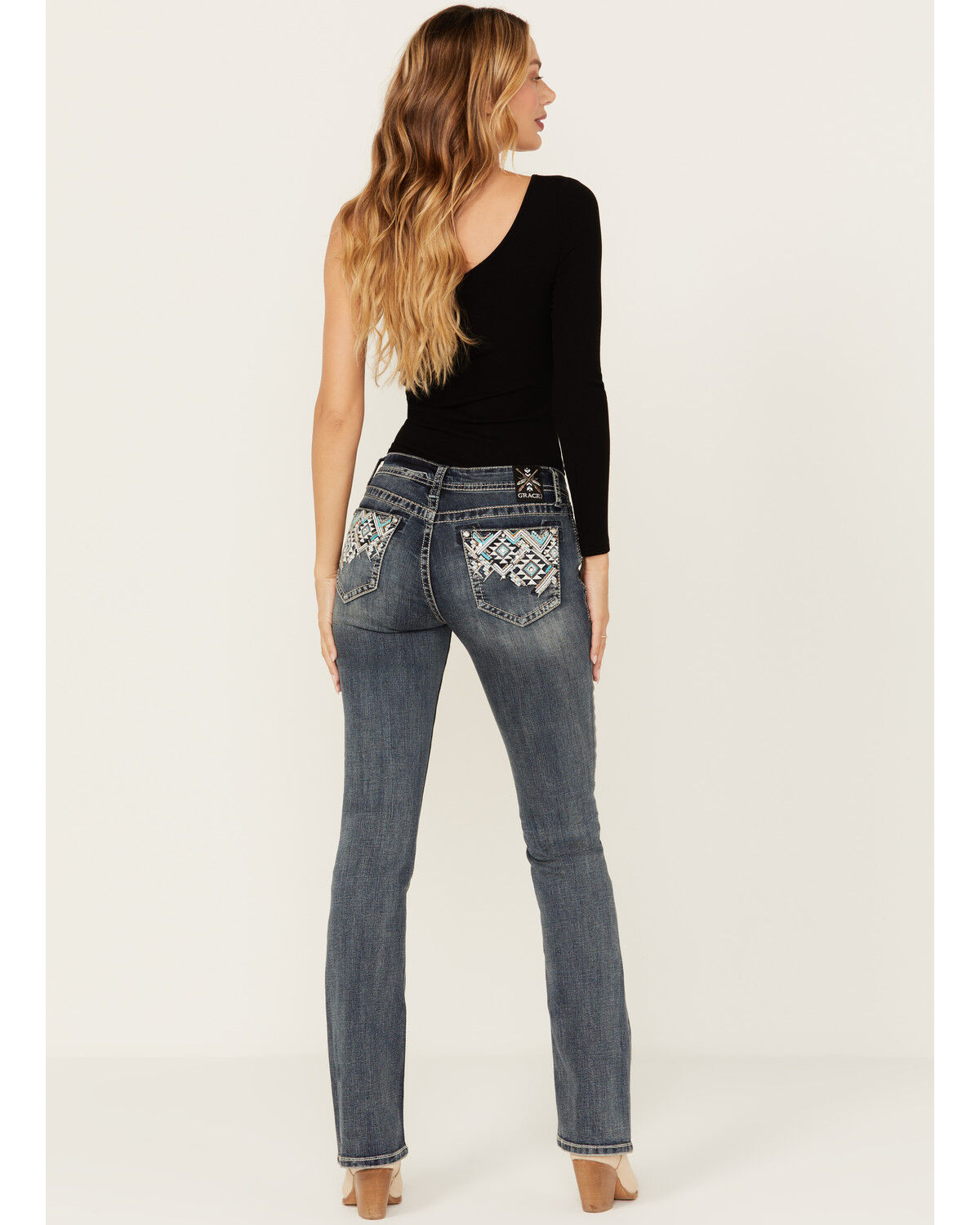 Image #1 - Grace in LA Women's Medium Wash Mid Rise Southwestern Print Pocket Stretch Bootcut Jeans, Medium Wash, hi-res