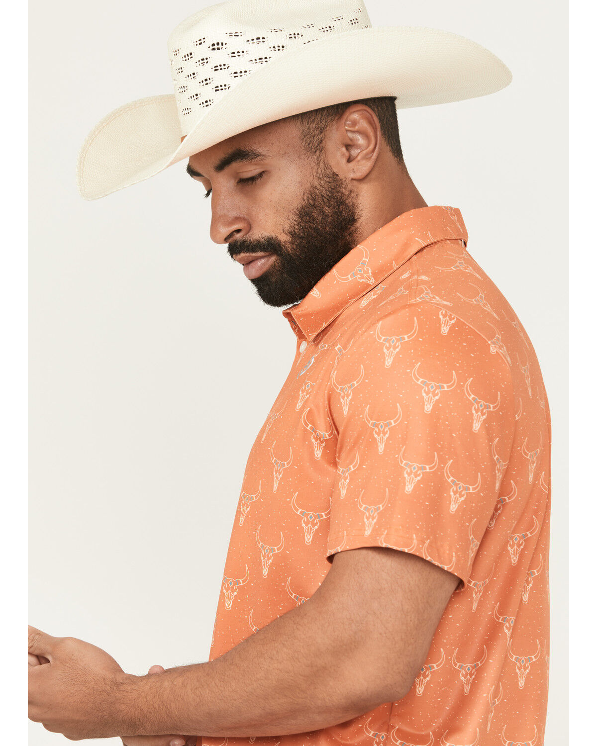 Image #2 - Rock & Roll Denim Men's Skull Print Short Sleeve Button-Down Stretch Polo, Orange, hi-res