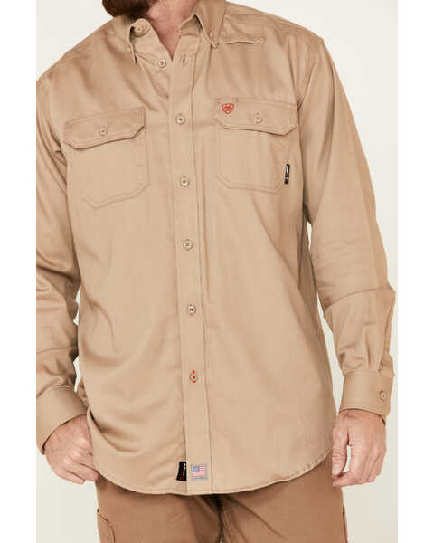 Ariat Men's Flame Resistant Khaki Solid Twill Work Shirt, Khaki, hi-res