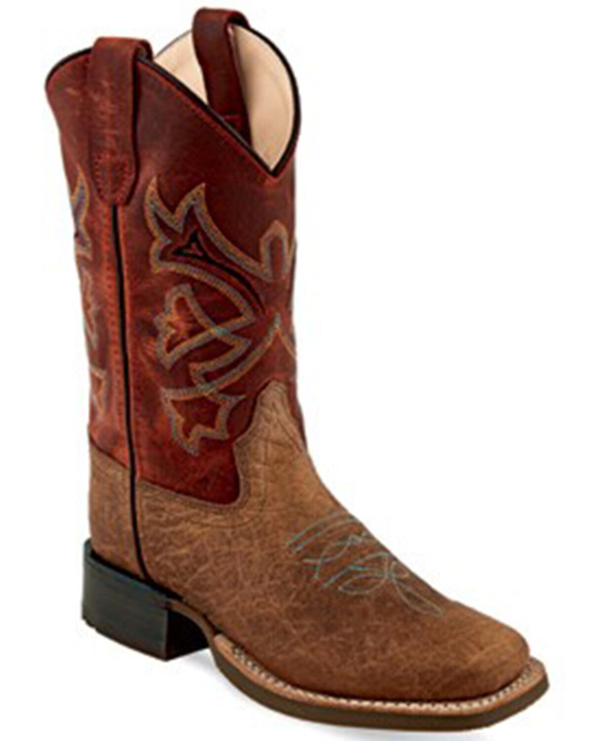 Image #1 - Old West Boys' Bull Hide Print Western Boots - Broad Square Toe, Brick Red, hi-res