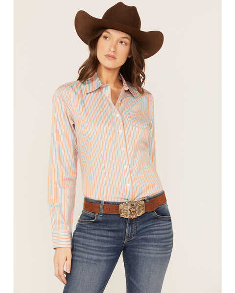 Cinch Women's Stripe Print Long Sleeve Button Down Western Shirt, Coral, hi-res