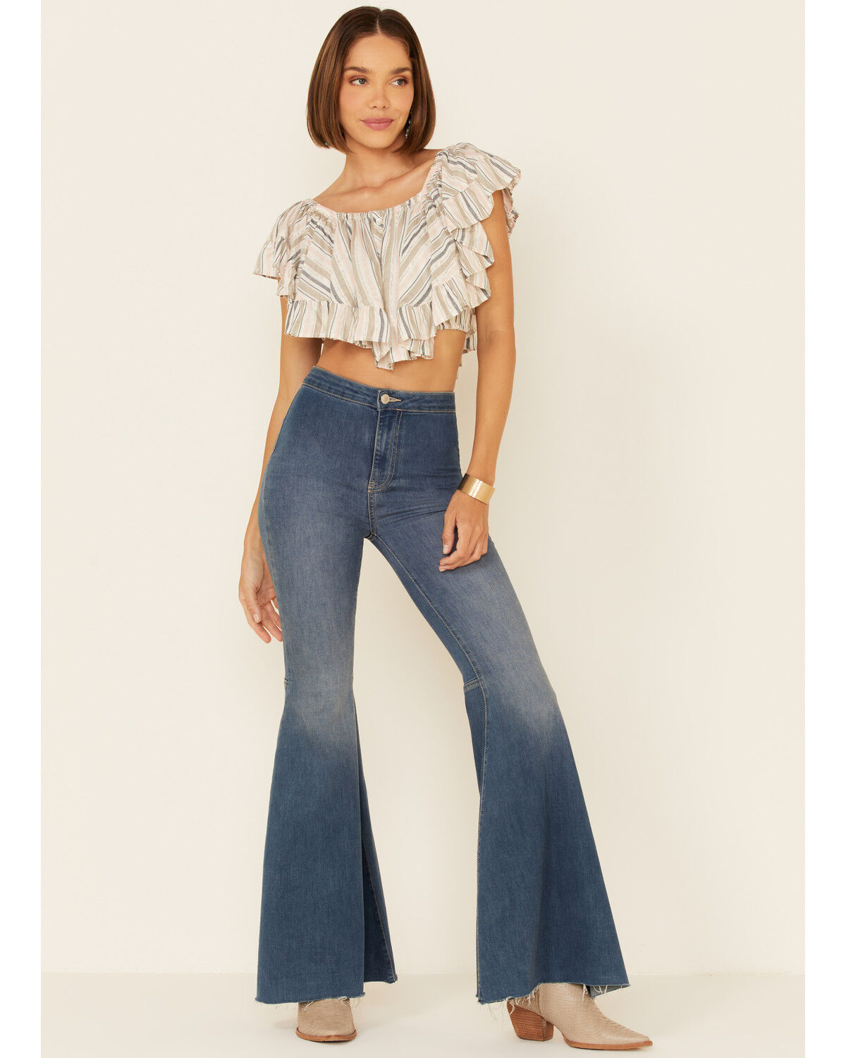 Image #2 - Angie Women's Stripe Butterfly Short Sleeve Crop Top, Cream, hi-res