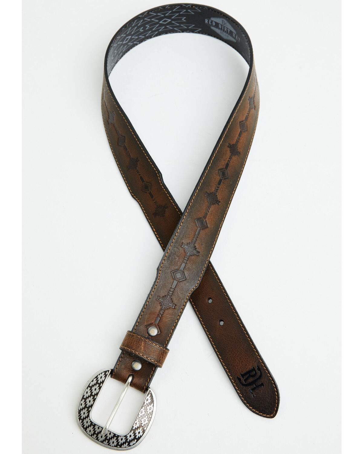 Image #2 - Red Dirt Hat Men's Southwestern Print Leather Belt, Brown, hi-res