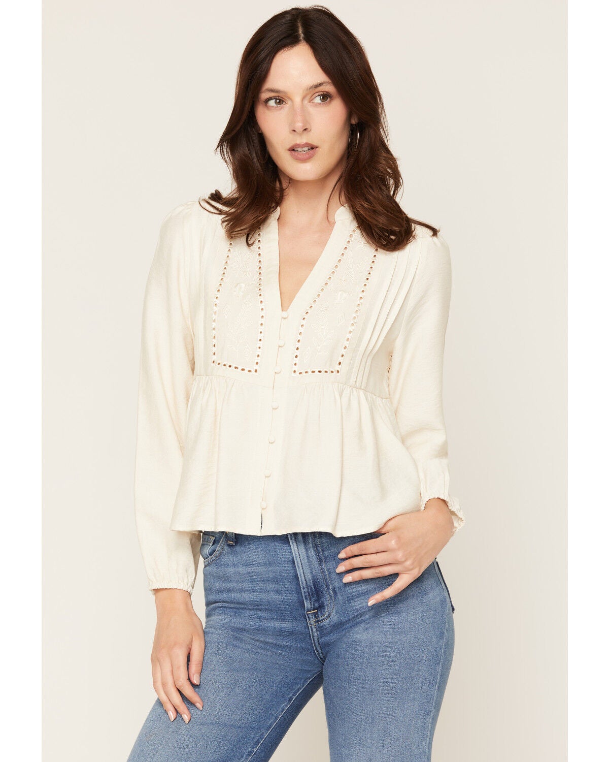 Image #1 - Wild Moss Women's Western Embroidered Long Sleeve Peasant Top, Cream, hi-res