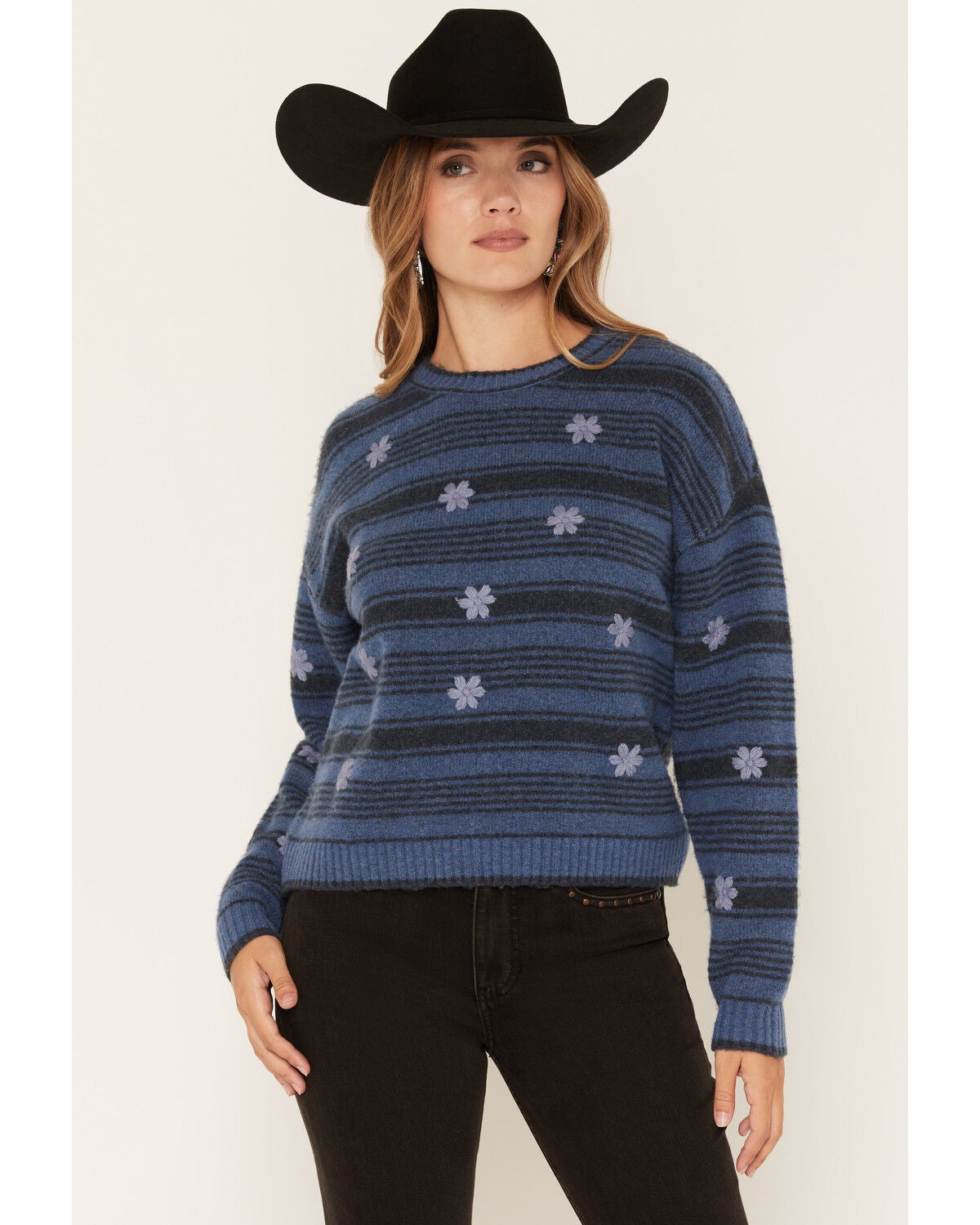Image #1 - Saltwater Luxe Women's Floral Embroidered Striped Print Sweater, Blue, hi-res