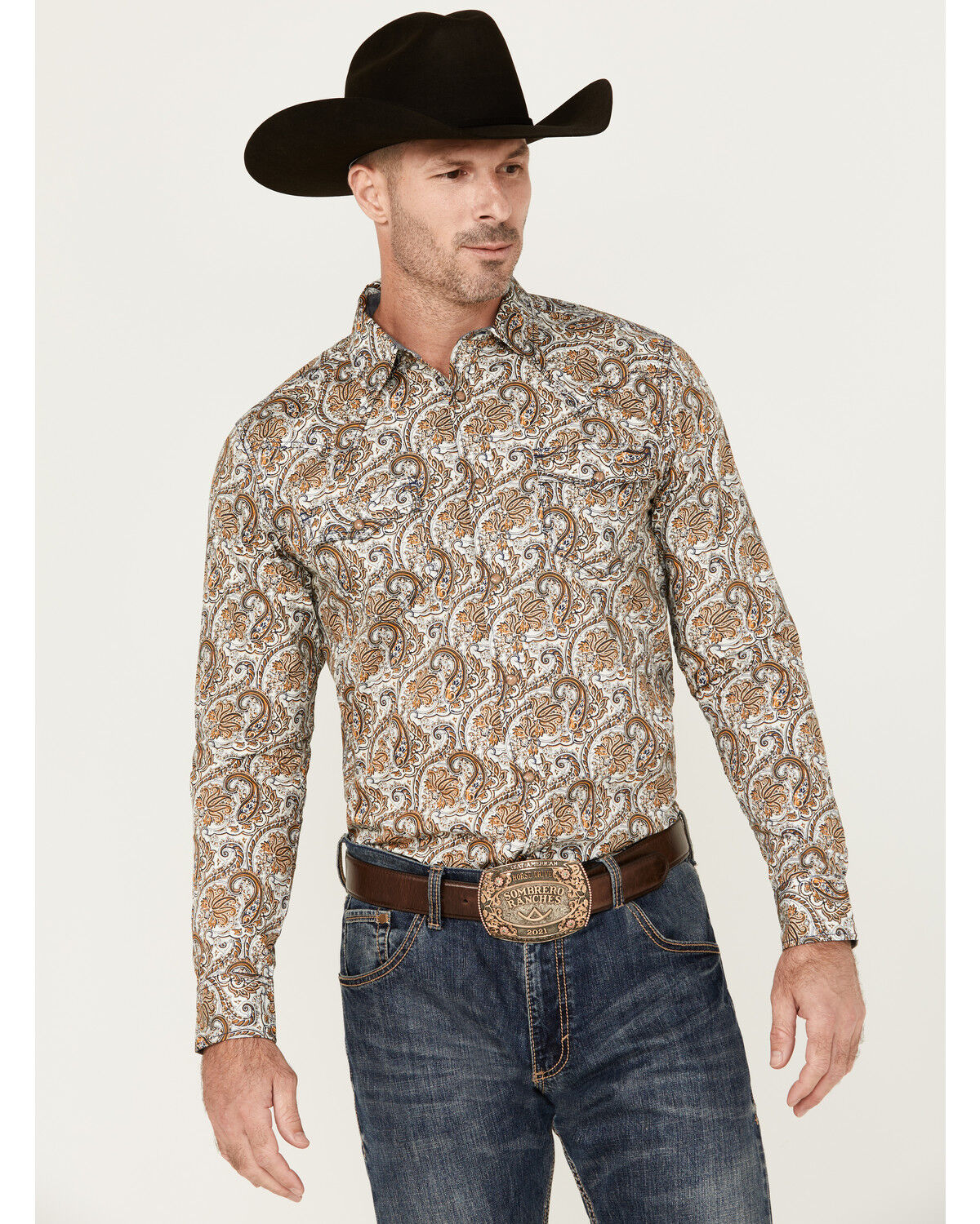 Image #1 - Cody James Men's Gold Dust Paisley Print Long Sleeve Pearl Snap Western Shirt - Tall, White, hi-res