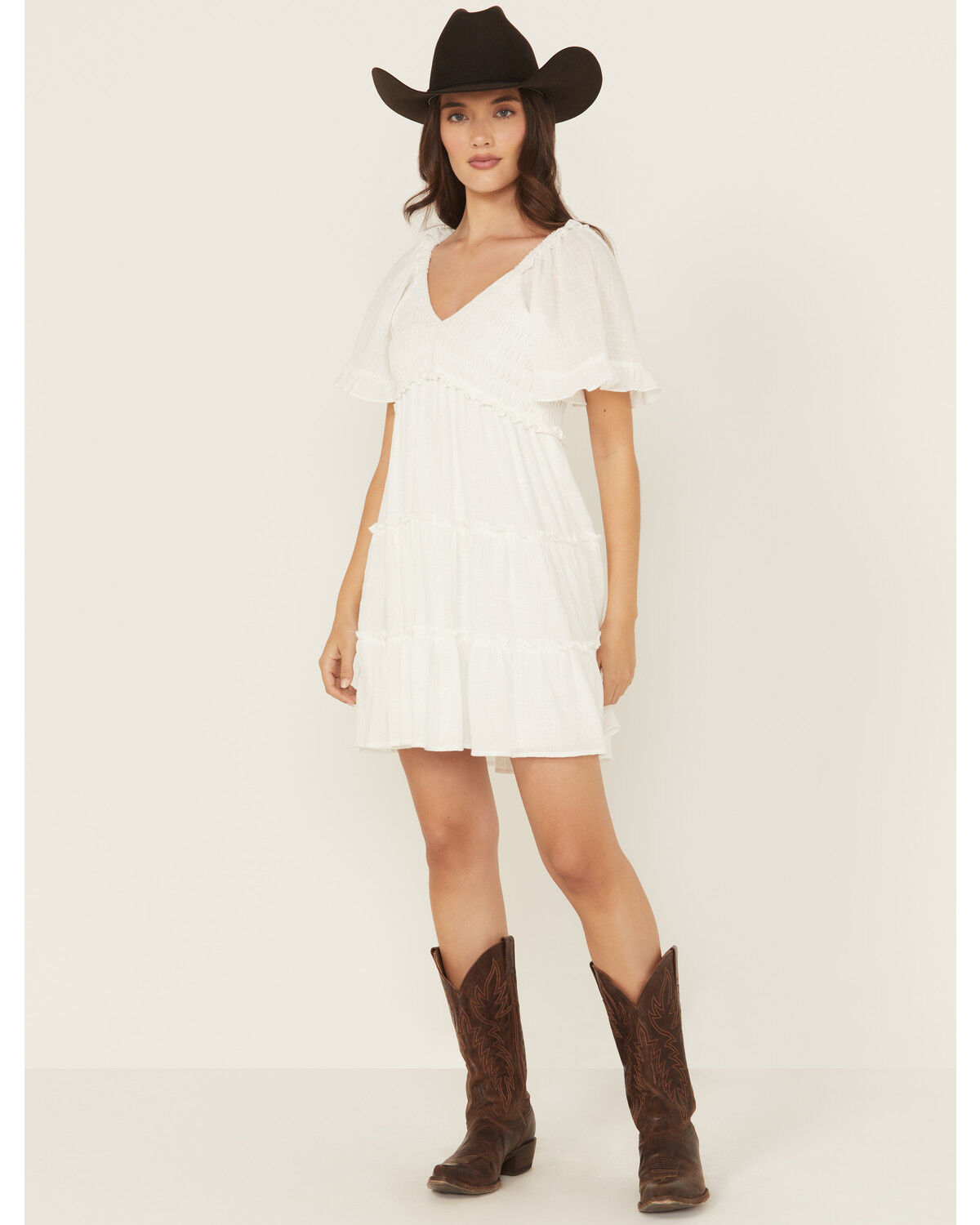 Image #1 - Yura Women's Solid Smocked Short Sleeve Mini Dress, White, hi-res
