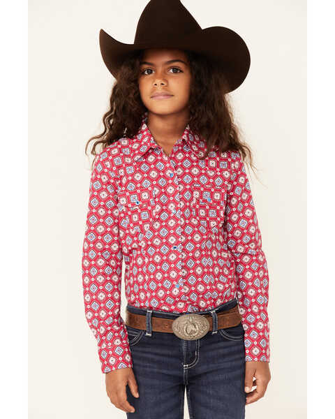 Cruel Girl Girls' Medallion Geo Print Long Sleeve Snap Western Shirt , Pink, hi-res
