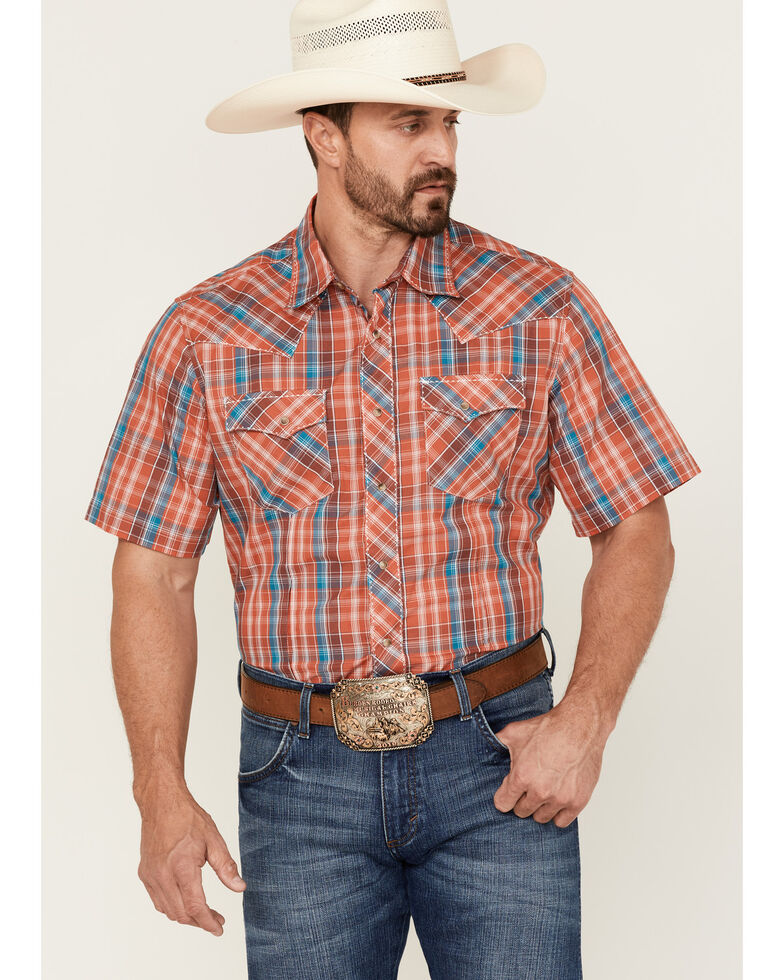 Wrangler Men's Plaid Short Sleeve Snap Western Shirt , Rust Copper, hi-res