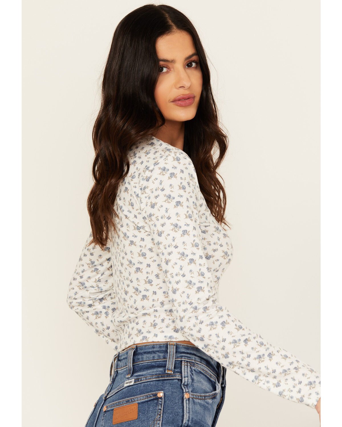 Image #2 - Originality Women's Floral Print Long Sleeve Cropped Tee, White, hi-res