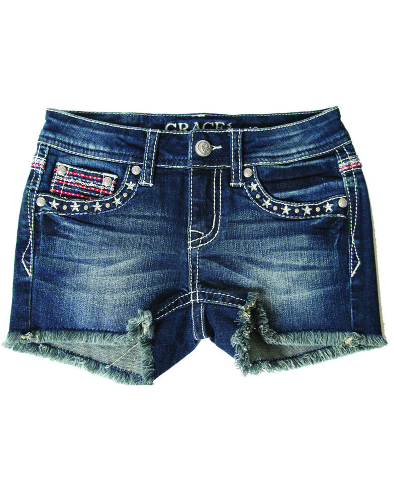 Grace In LA Girls' Dark Wash Americana Back Pocket Stretch Denim Shorts , Blue, hi-res