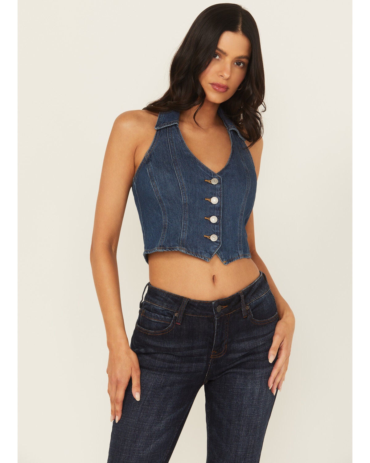 Levi's Women's Dark Wash Denim Halter Top, Blue, hi-res