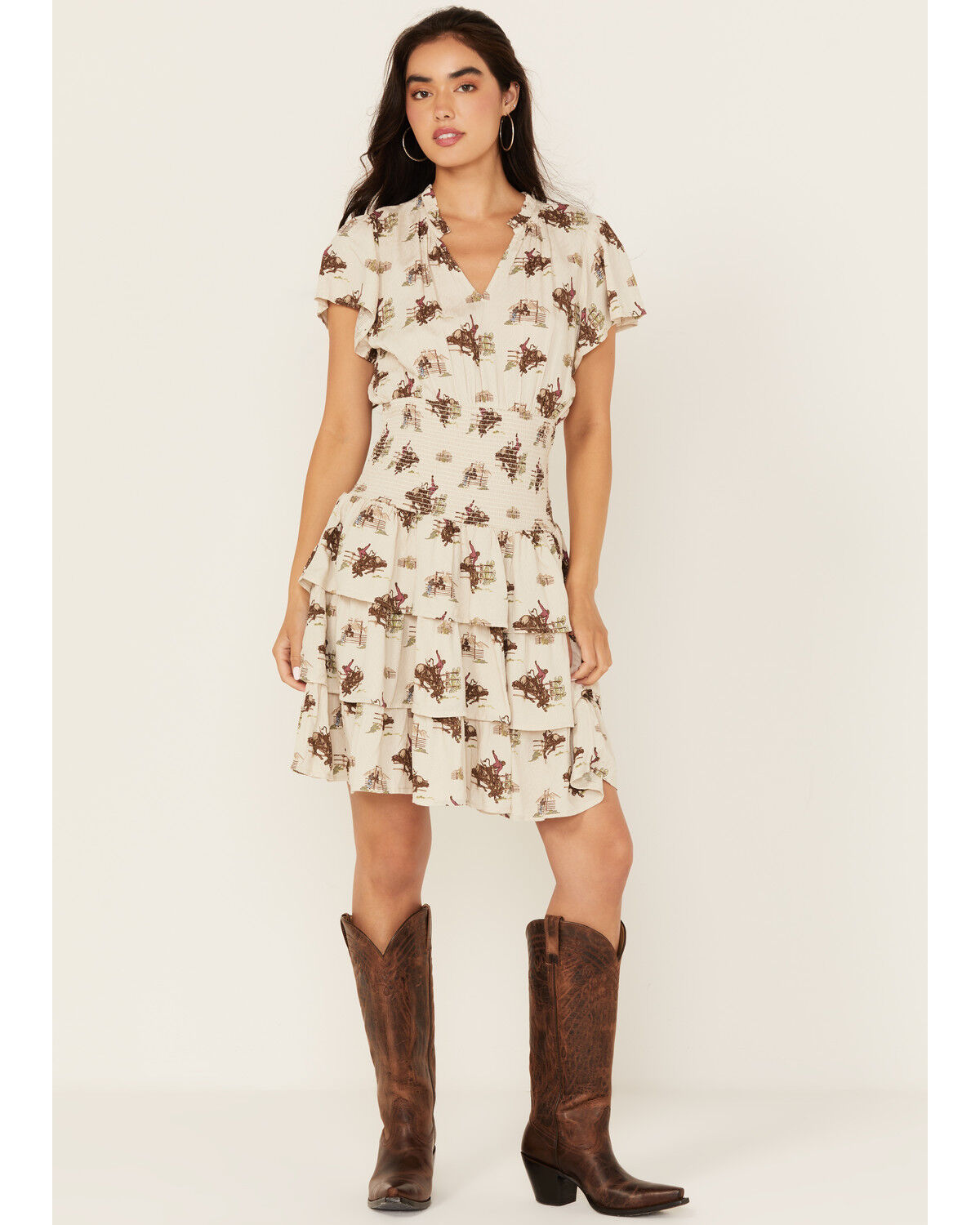 Image #1 - Ariat Women's Stellar Conversational Print Tiered Short Sleeve Mini Dress, Sand, hi-res