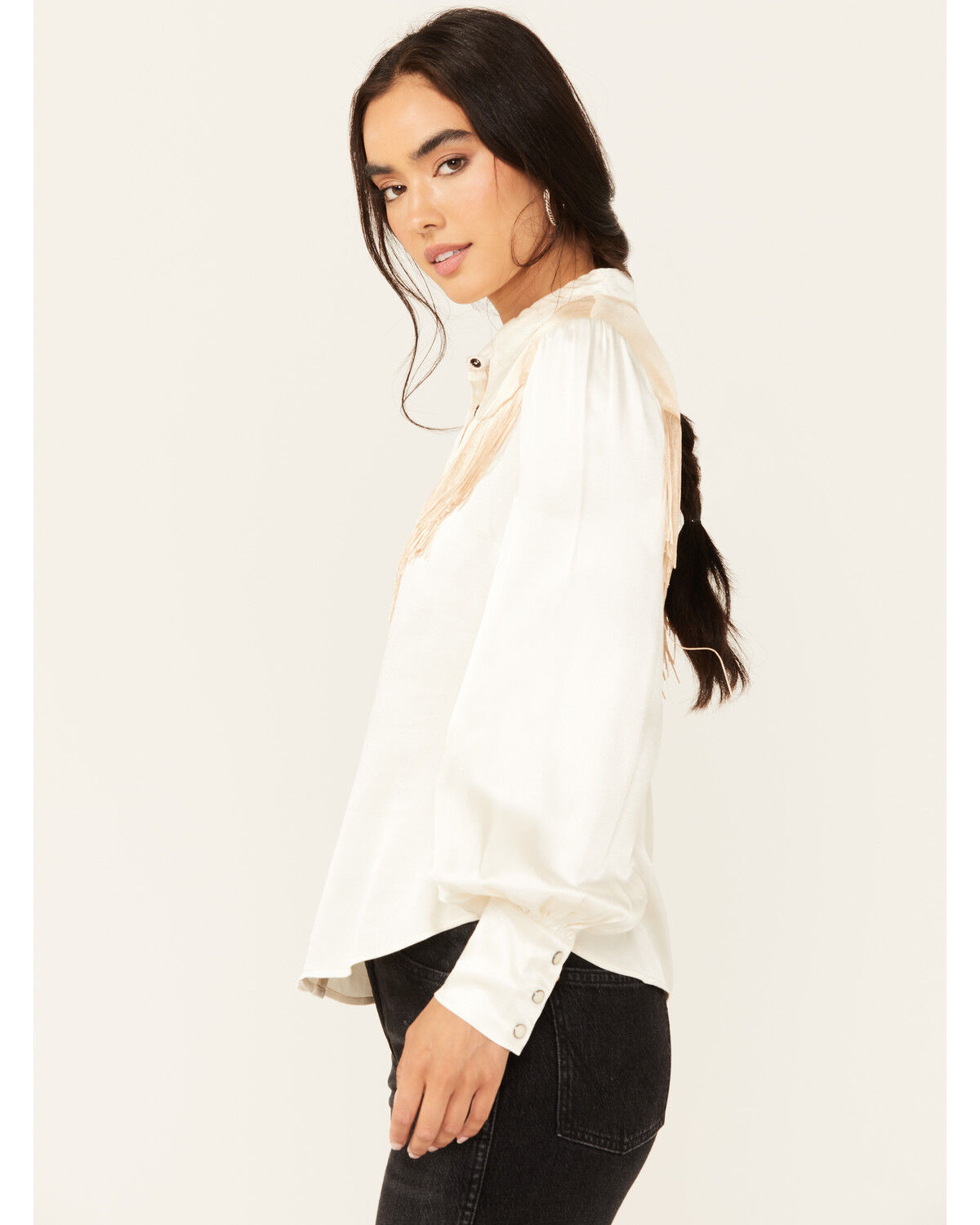 Image #2 - Shyanne Women's Color Block Western Fringe Blouse, Cream, hi-res